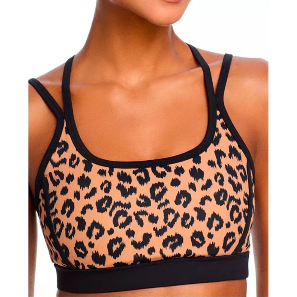 AQUA Athletic Brown Leopard Print Double Strap Sports Bra Size Small NWT